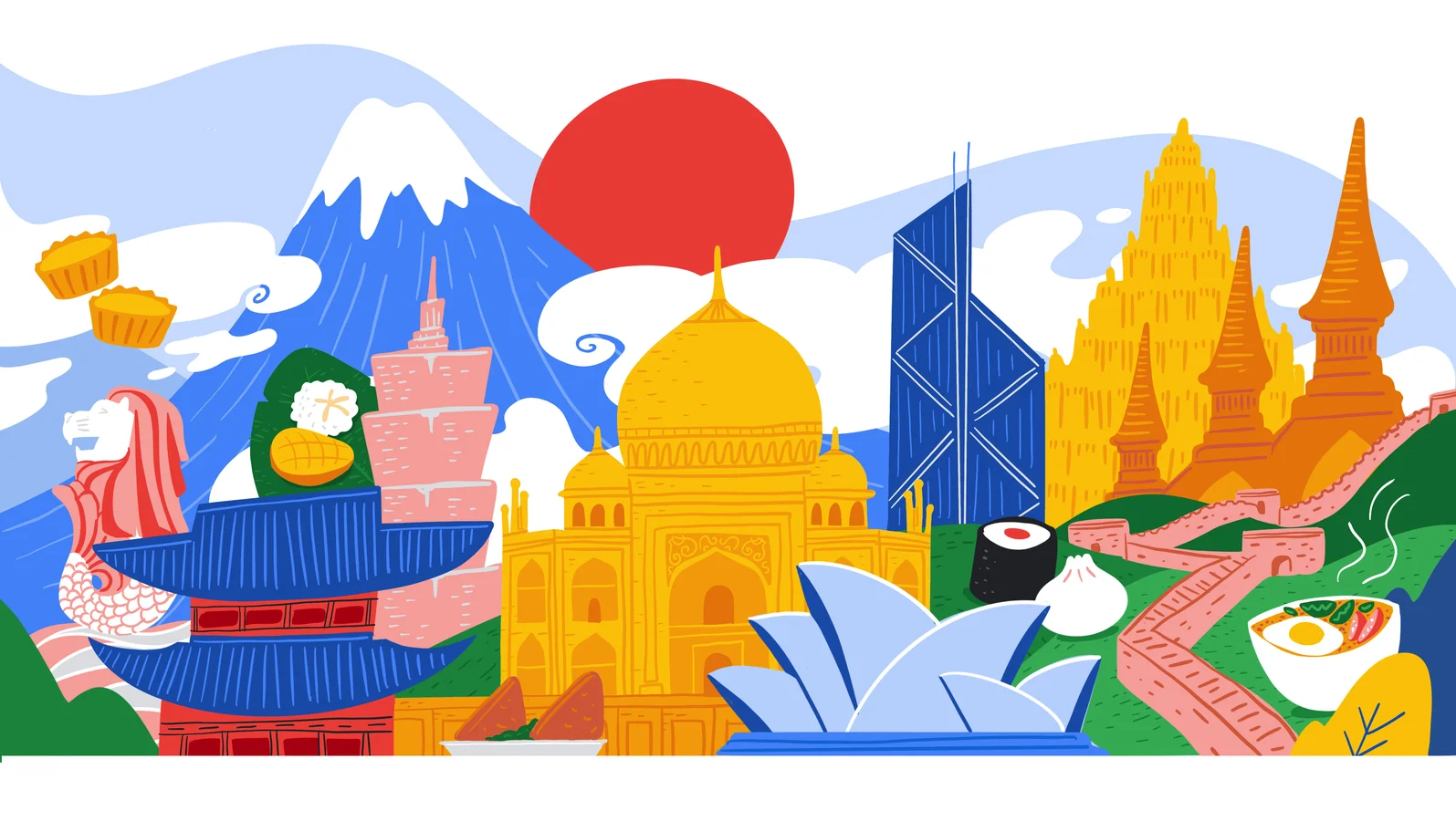 A graphic of a mountain with iconic Asia Pacific landmarks in the forefront