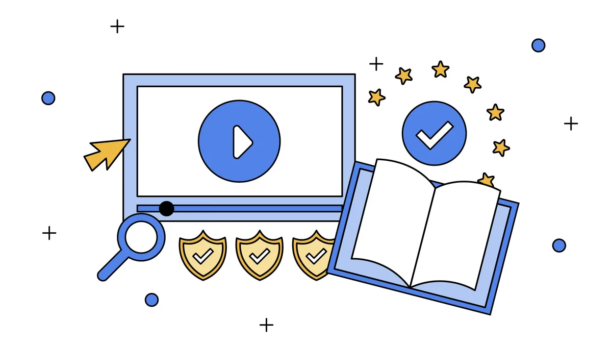 Illustration of a blue  screen with a play button, a book and a search icon, and stars to represent the EU.