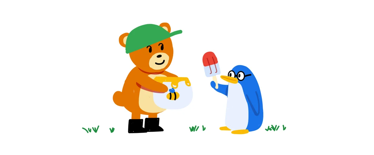 An orange teddy bear in green hat and a blue penguin with glasses exchange honey and a lollipop.
