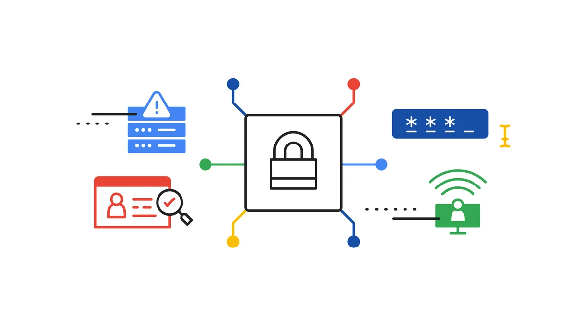 an illustration of a padlock with various symbols (fact checking, warning, wifi sign) floating around it