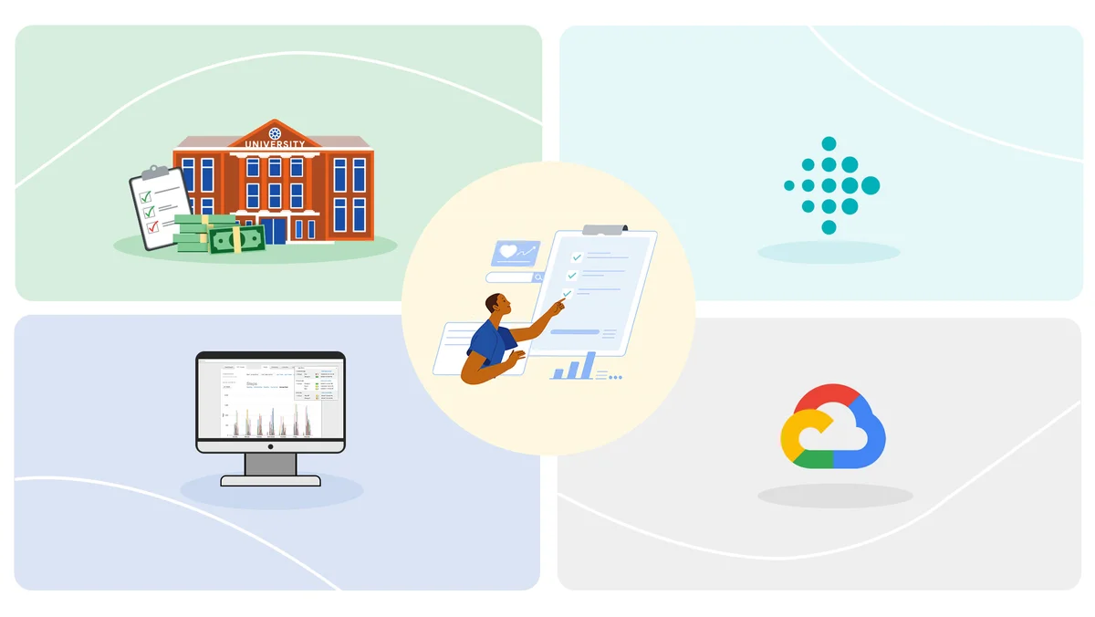 Image of an educational building, a computer, the Fitbit logo as well as the Google Cloud logo. In the middle of the image is a person looking at a checklist.