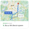 Beispielbild einer kraftstoffsparenden Route vom Süden Berlins in den Nordosten der Stadt. Die kraftstoffsparende Route wird mit einem Blatt signalisiert, dauert 3 Minuten länger als die schnellere Route und spart dabei aber bis zu 18 % Benzin ein.