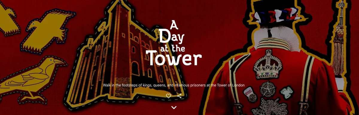 A predominantly red poster with the words ‘A Day at the Tower’ showing an image of the Tower of London, blackbirds and a beefeater.