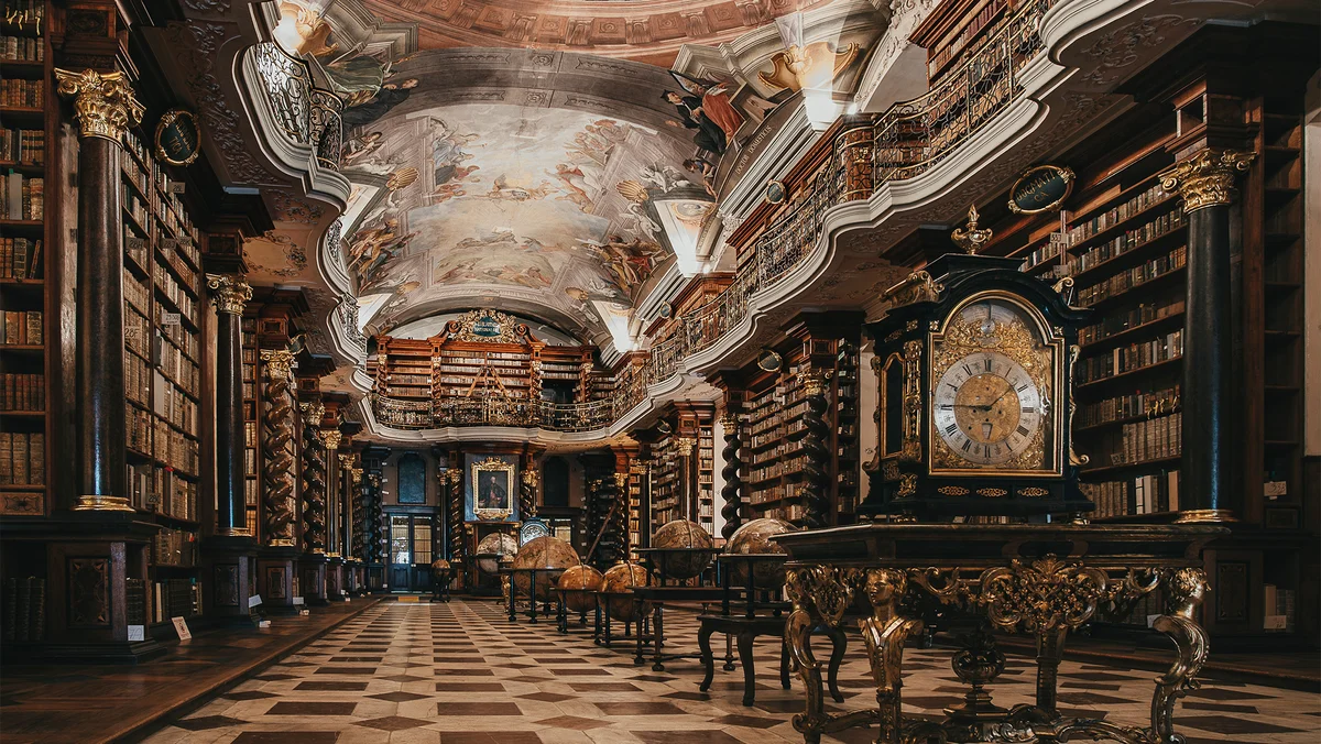 An opulent Baroque Library with ornate ceiling frescoes towering over rows of wooden bookshelves, radiating the grandeur of a bygone era.
