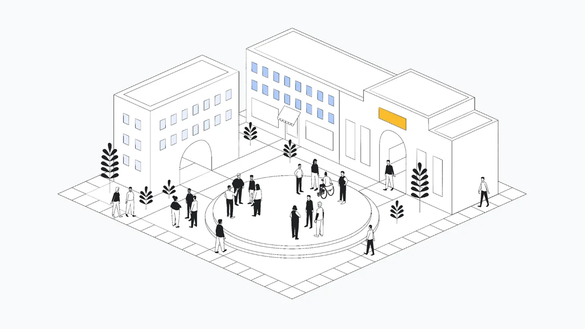This illustrated image shows people gathering in a building