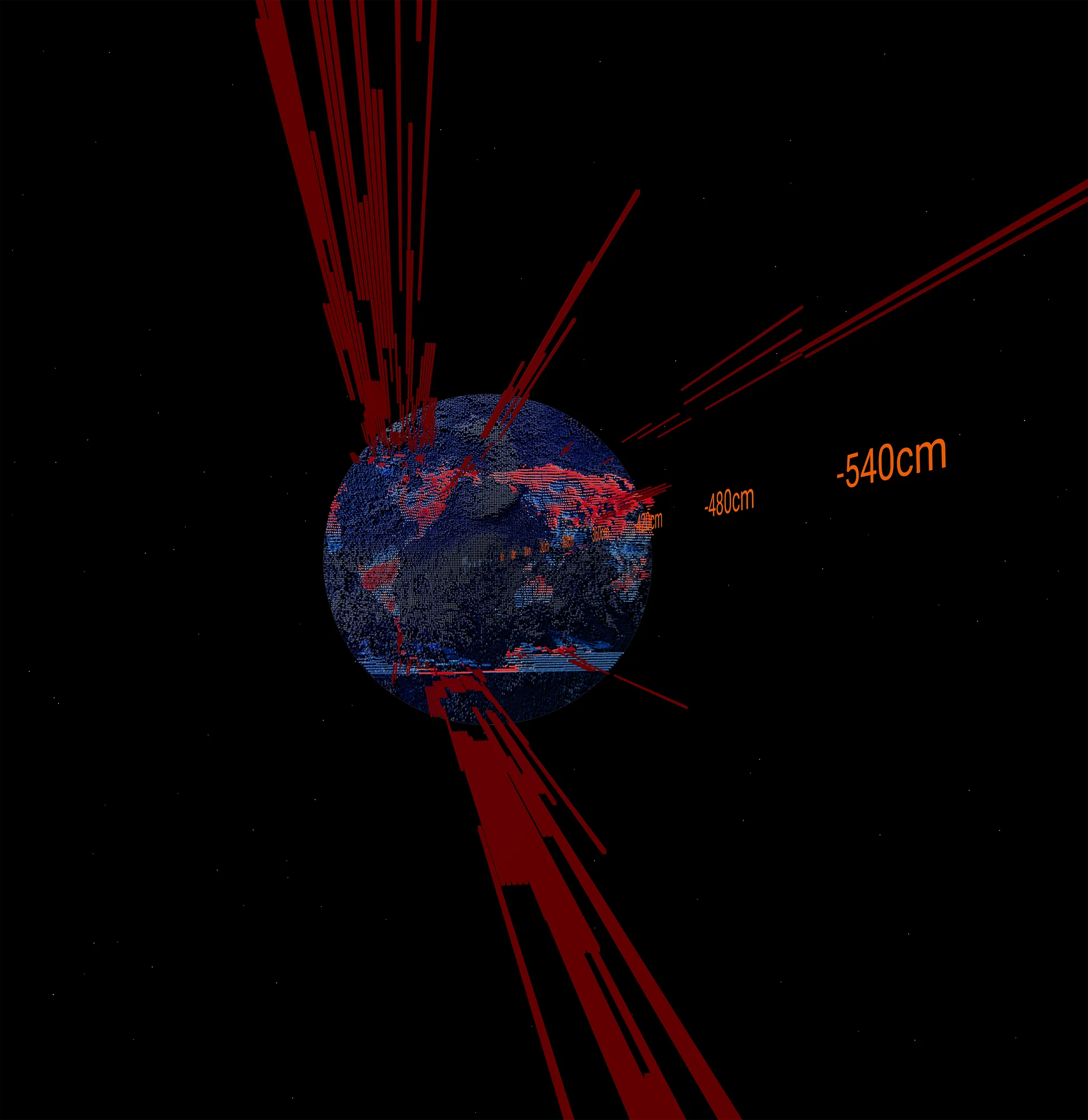Still image taken from the interactive experiment Passage of Water showing planet earth and the water loss and gain over time.