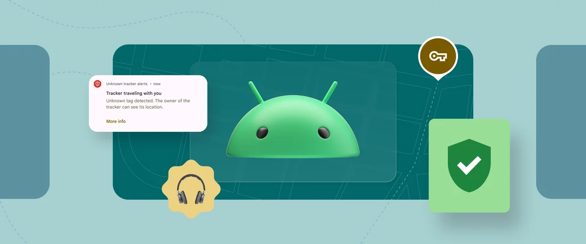 Android bot head in the center of a collage of icons indicating security, headphones and keys as well as a notification saying “tracker traveling with you”.