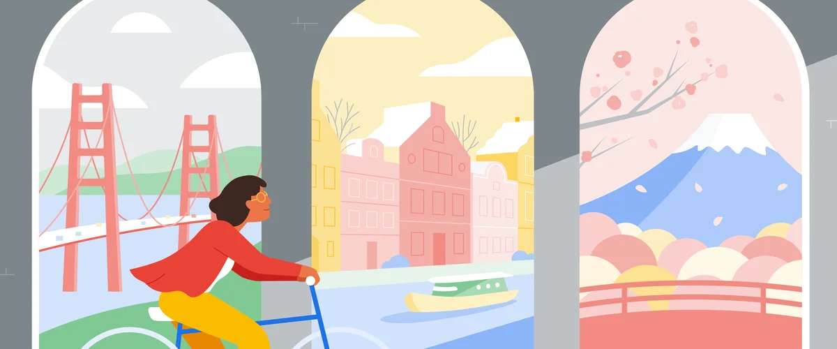An illustration of a woman cycling through different cities
