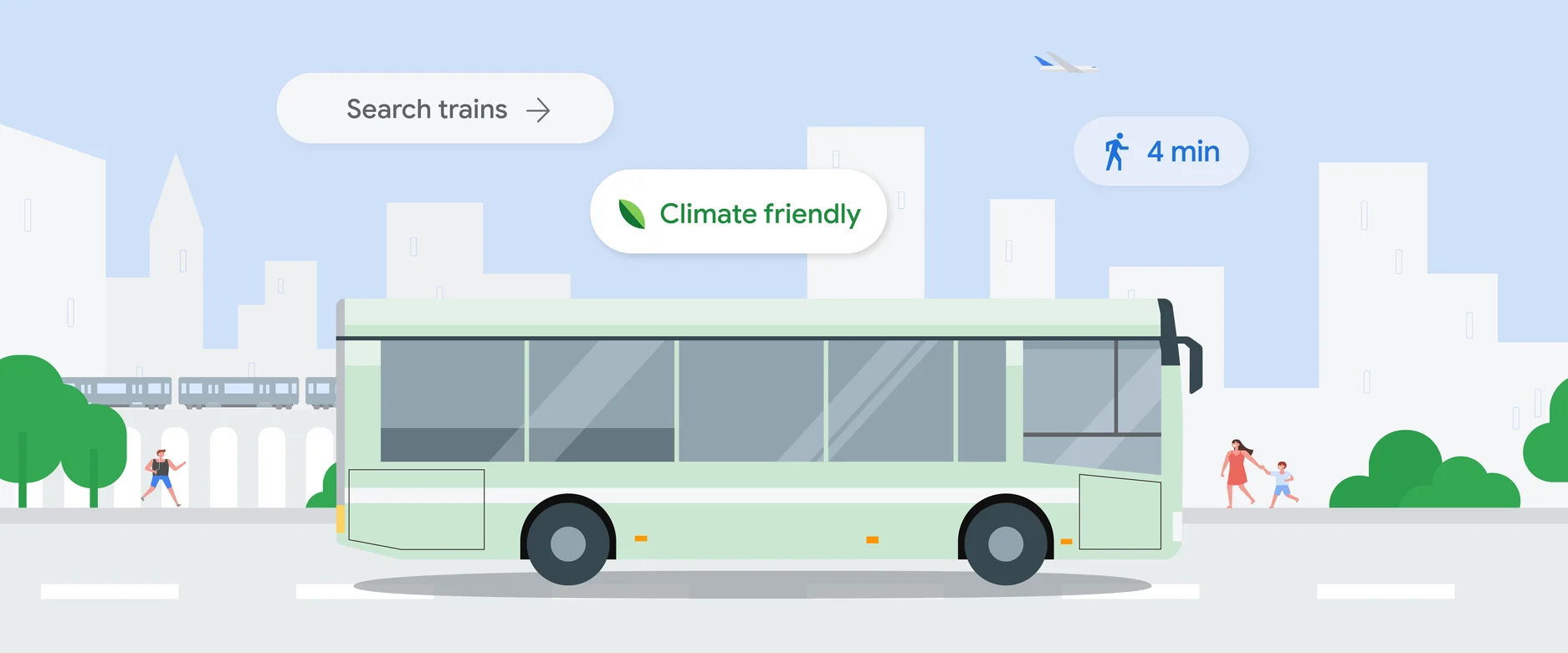 Illustration of a public bus on a street, with a train in the background and plane flying overhead. Bubbles of text show the phrases "Search trains" and "Climate Friendly"