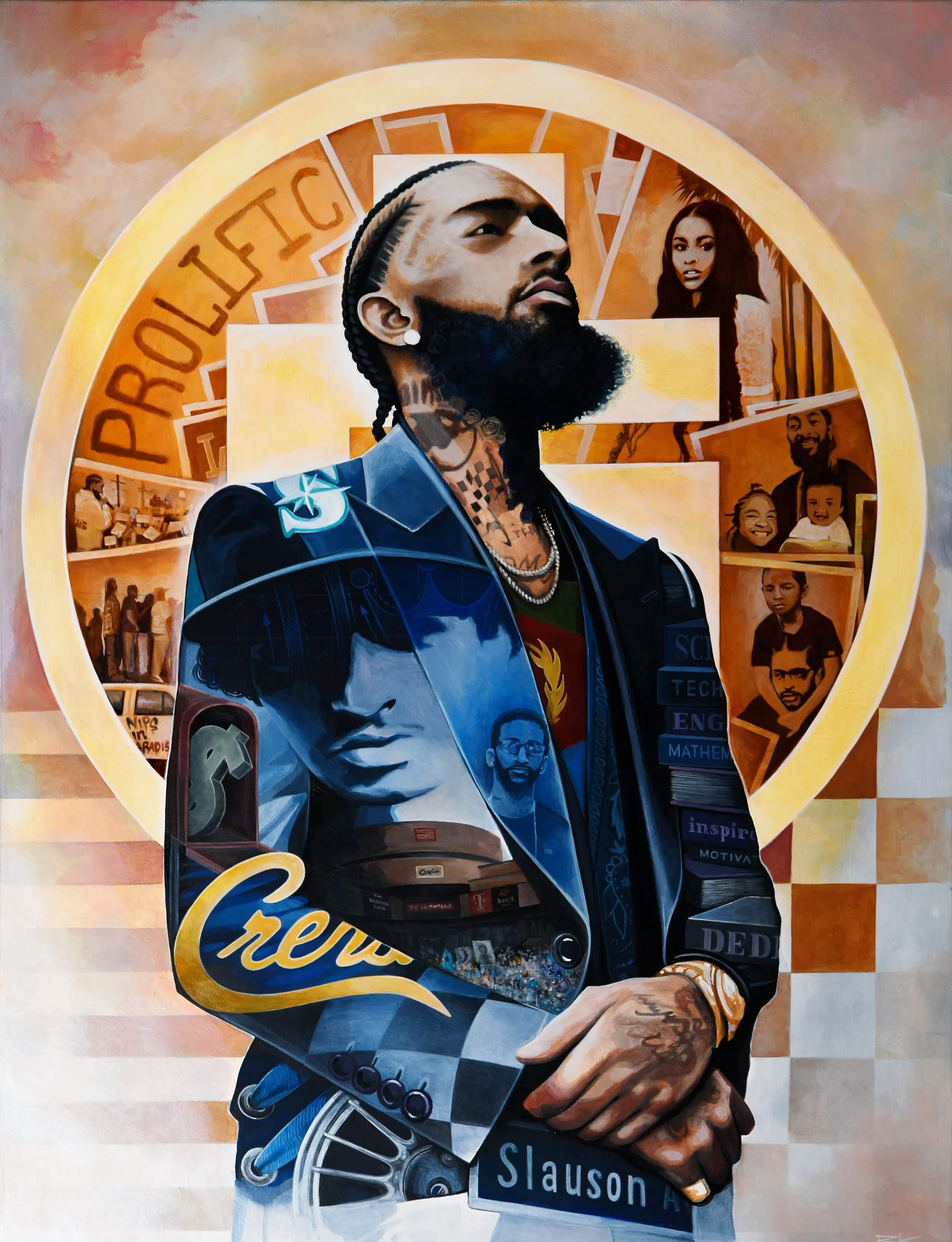 A painted portrait of a bearded man looking upwards. Within his blue blazer jacket are abstract patterns containing other faces and objects. Behind him is a large, yellow halo which also incorporates additional faces. In the top left of the halo the word “PROLIFIC” is written in all caps.