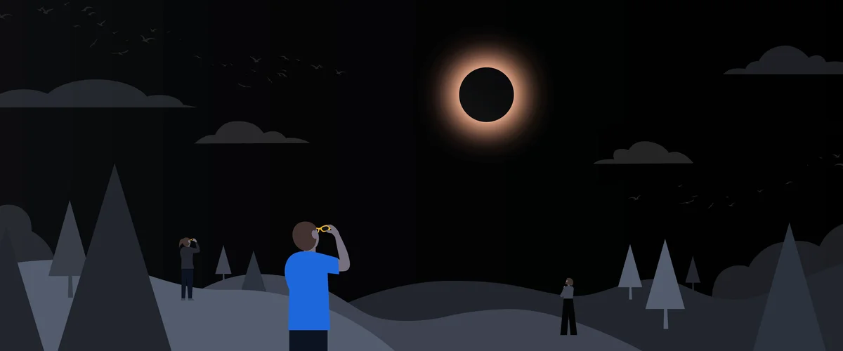 Illustration of a person in a blue shirt holding special glasses to look up at a solar eclipse.