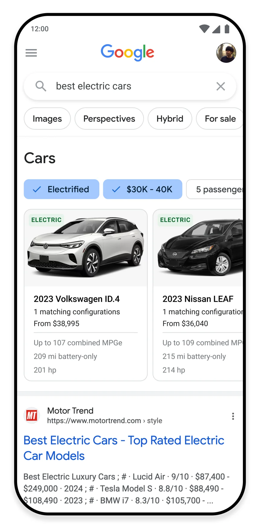 Images show a price comparison between two EVs and information about government incentives triggered by a search for electric cars.
