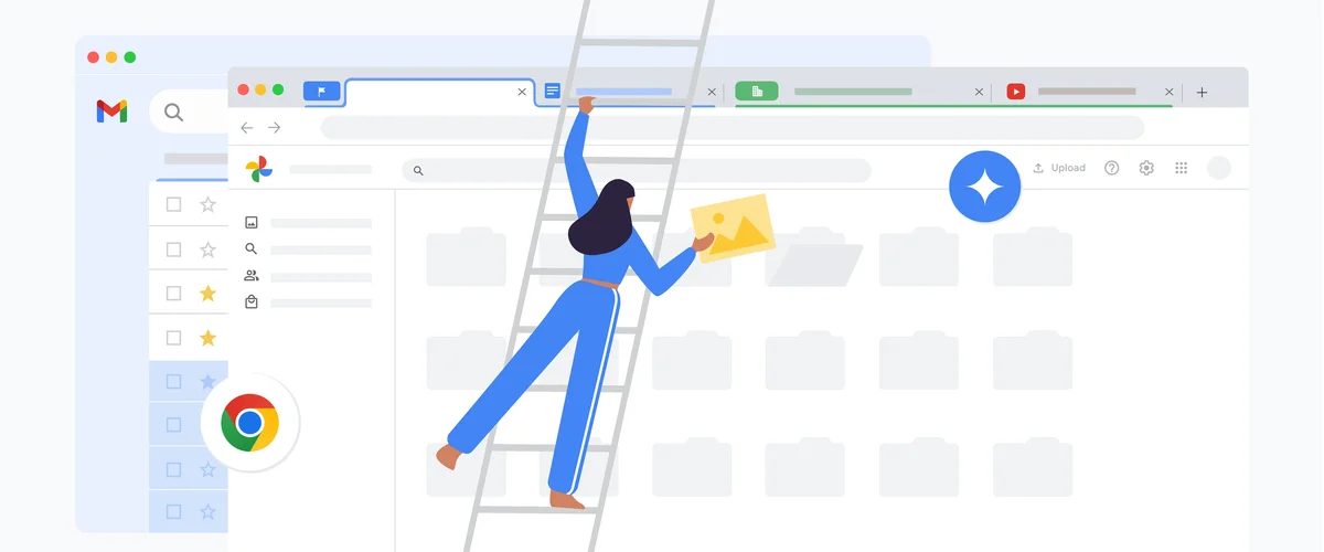 Abstract illustration of a person on a ladder overlaid on top of a Chrome browser organizing files.