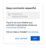 YouTube reminder to keep comments respectful, which appears before posting what may be perceived as offensive content