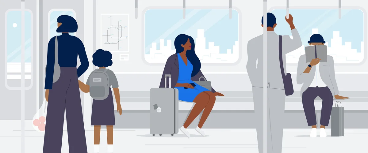 An illustration of people riding a train.