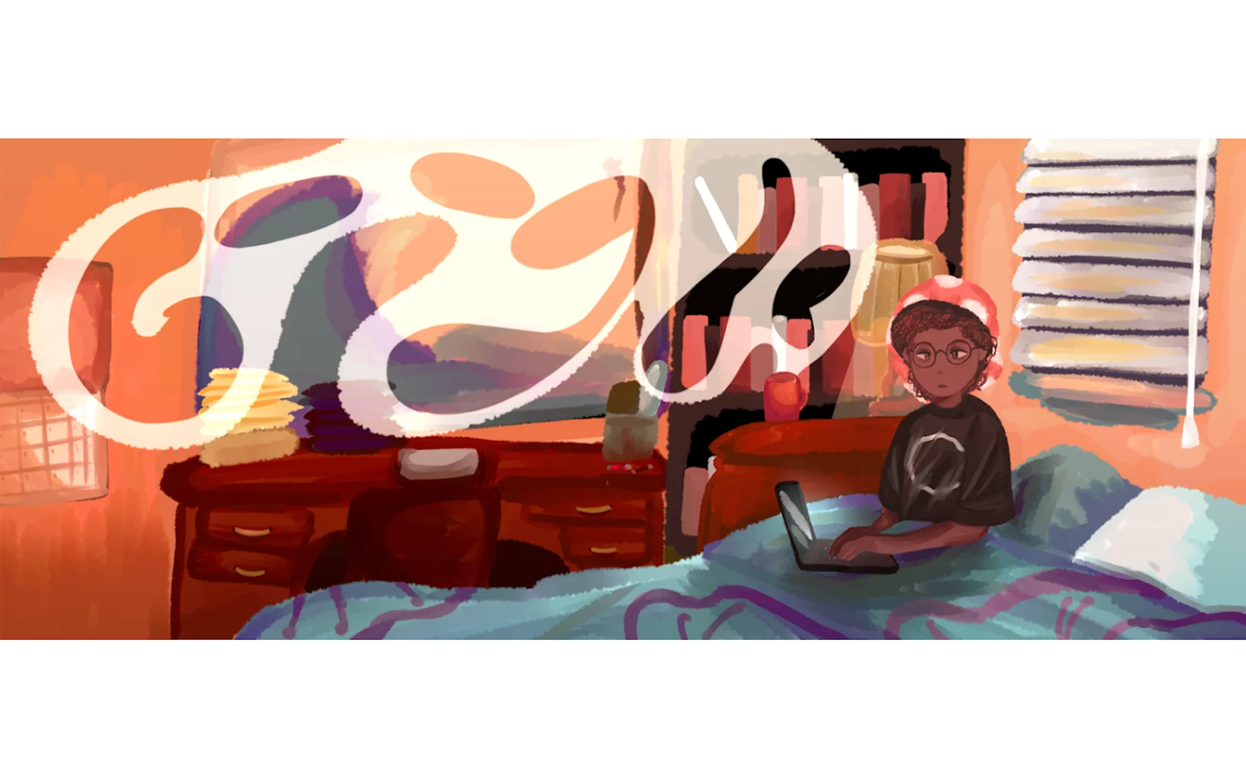 Illustration of a girl sitting in bed on her laptop with a GOOGLE logo formed from steam billowing out of a mug hanging above. The girl has brown skin, brown hair wrapped up, and eyeglasses. The background is a bedroom with a desk, bookshelf, and window.