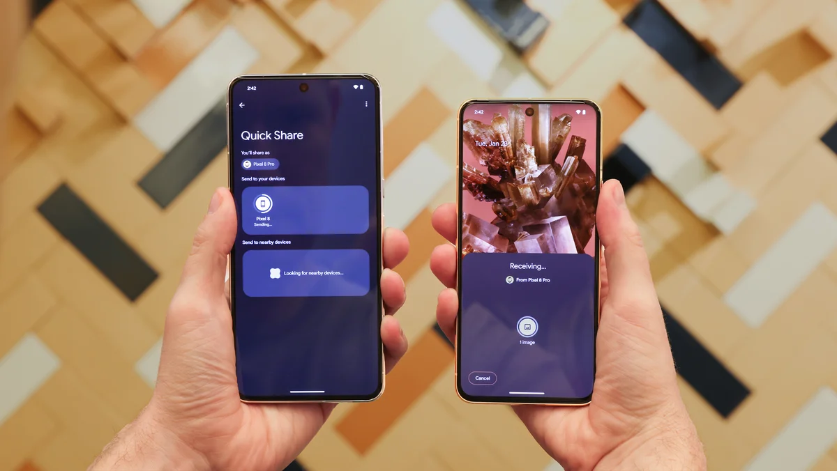 Image of a phone on the left with the Quick Share page open, while a phone on the right shows on-screen prompts for receiving an image sent via Quick Share.
