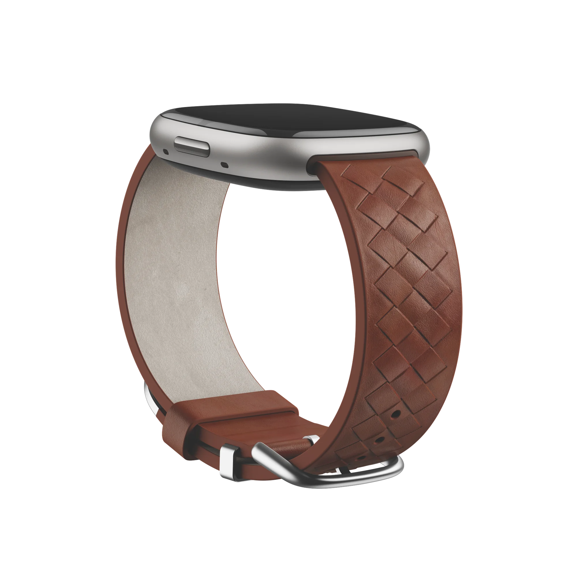 A close-up image of the new Brother Vellies woven leather accessory band in oak for Fitbit Sense 2 and Versa 4.
