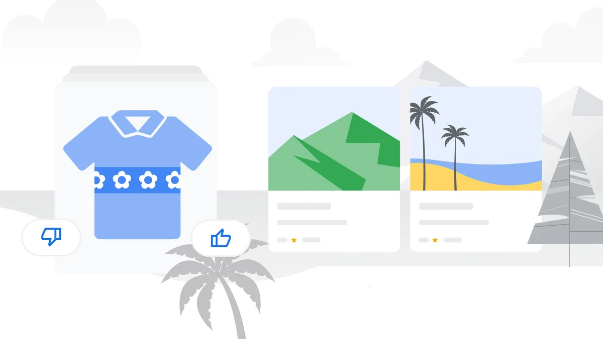 Illustration showing photos of a t-shirt, mountains and a beach