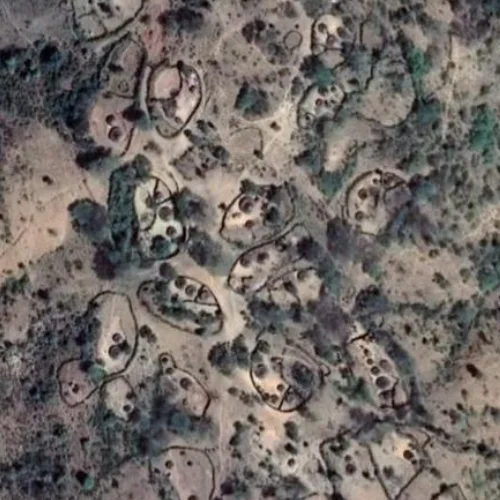 An aerial photograph of rural dwellings in Ethiopia