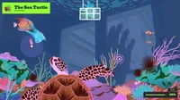 An illustration of a colorful sea bed with a sea turtle in the center and fish around it, and plastic pollution being put into a basket at the top of the screen by moving the sea turtle’s flippers