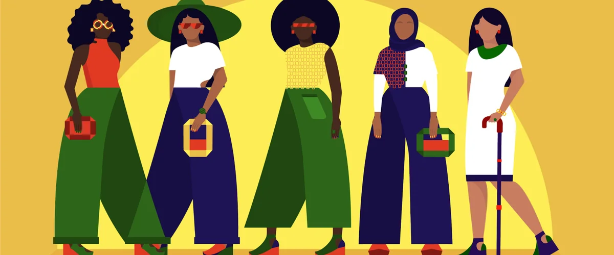An illustration of five different women of color in front of a yellow background