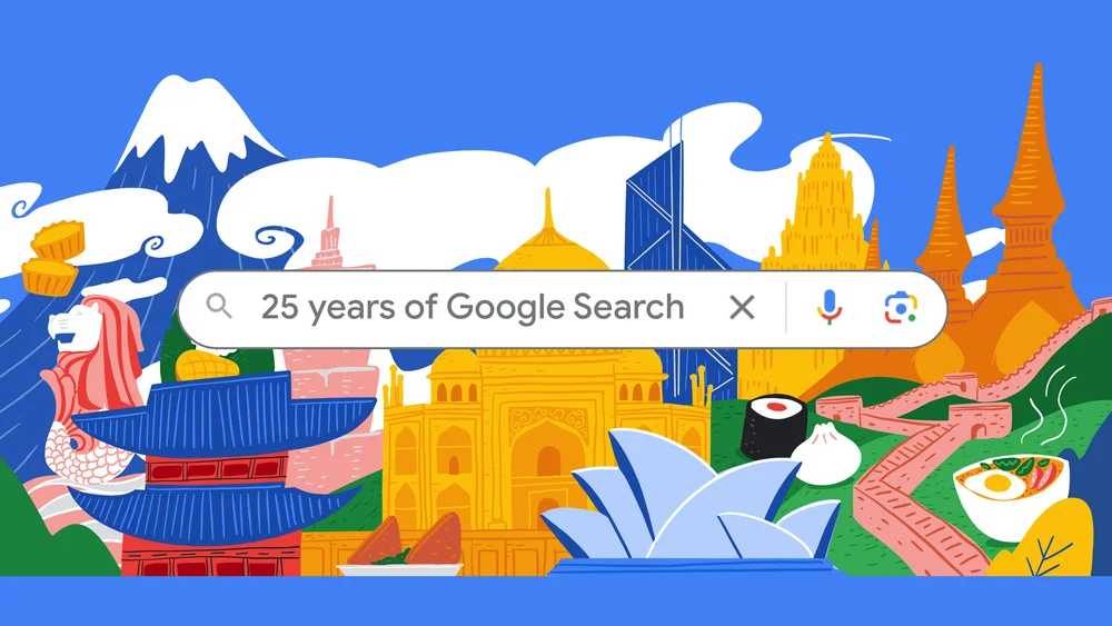 
                         
                           Illustration of a Google Search bar that reads "25 years of Google Search", against a backdrop of a mountain, clouds, the Taj Mahal, sushi, Marina Bay Sands, a pagoda, a merlion statue
                         
                       