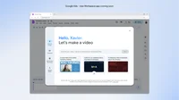 A mock-up of a Chrome browser tab open to the Vids tool. A new untitled video is open in the background; in the foreground a rectangular box reads “Hello, Xavier. Let’s make a video.” Below this is a prompt box reading “describe your video. Type @ to reference your Workspace files.”