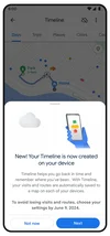A screenshot of Google Maps with an in-product notification saying that your Timeline is now created on your device.