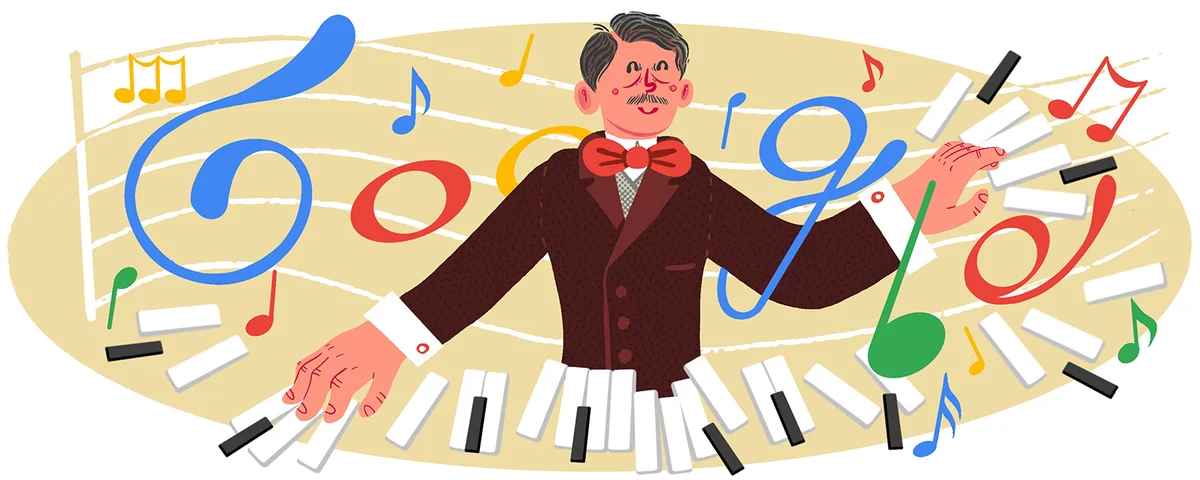 Nad jasnożółtym owalem, od pasa w górę, ilustracja przedstawiająca polskiego kompozytora Karola Szymanowskiego w bordowej marynarce i czerwonej muszce, grającego przed sobą na szeregu zdemontowanych klawiszy fortepianu. Za nim Google Doodle o tematyce muz