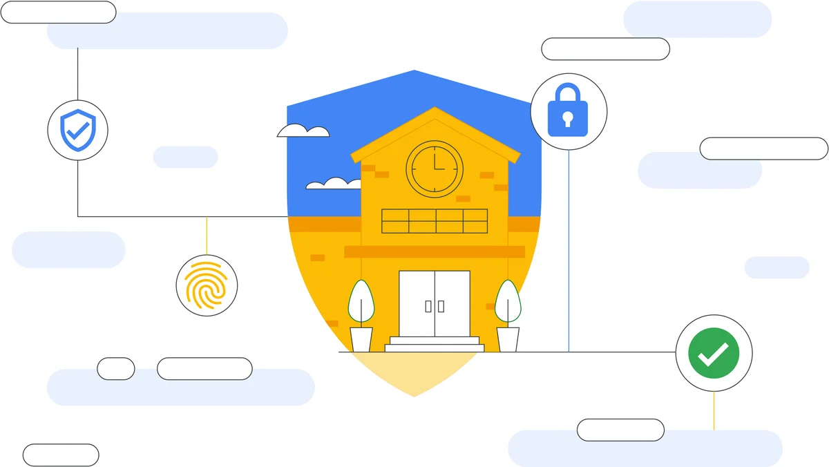 Illustration of a school in the middle with icons representing privacy and security surrounding it