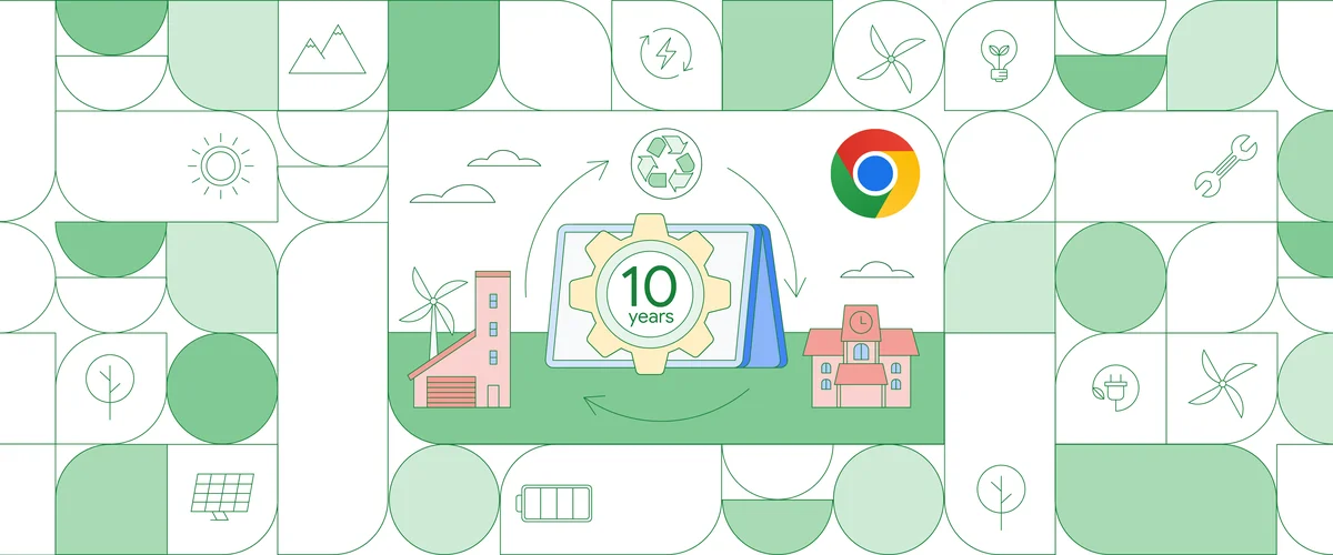 Green and white circles and shapes surround scenery of a Chromebook convertible with “10 years” written on it. The Chromebook is surrounded by school and business buildings and a Chrome logo.