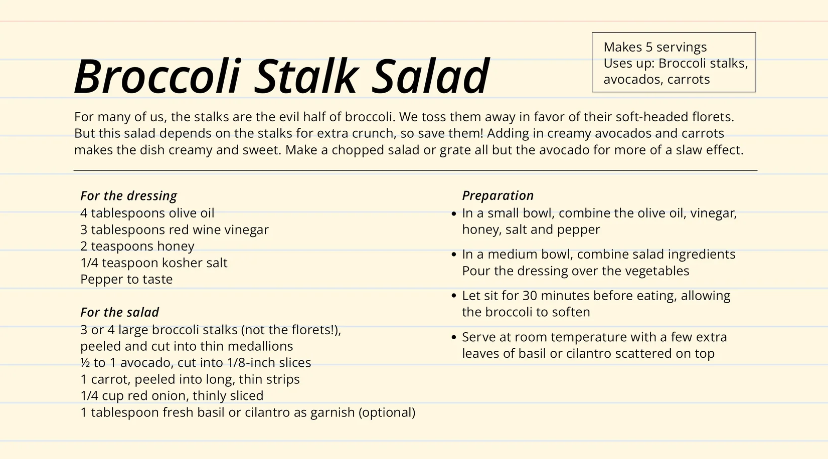 Image of recipe card of broccoli stalk salad