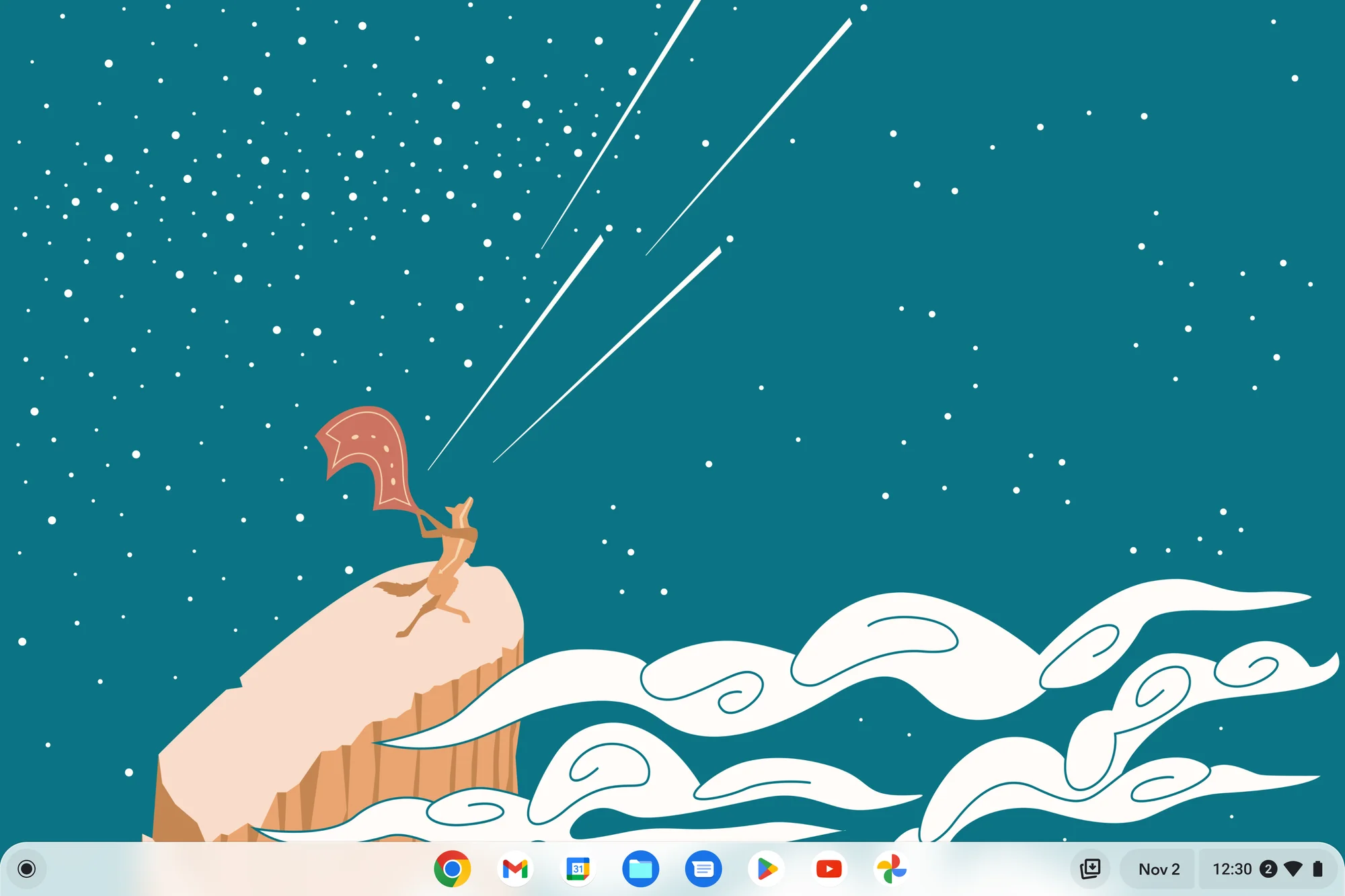A Chromebook wallpaper with an image of a coyote on a hillside with a constellation of stars in the background.