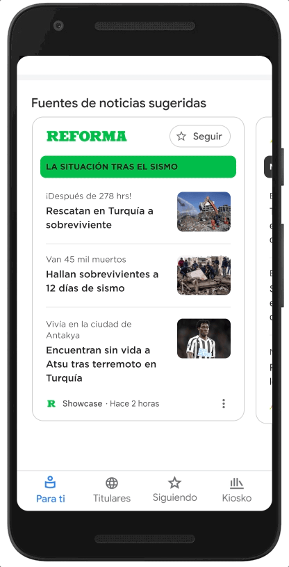 This GIF shows a variety of different News Showcase panels from publishers in Mexico. It is scrolling through showing different stories that they can produce.