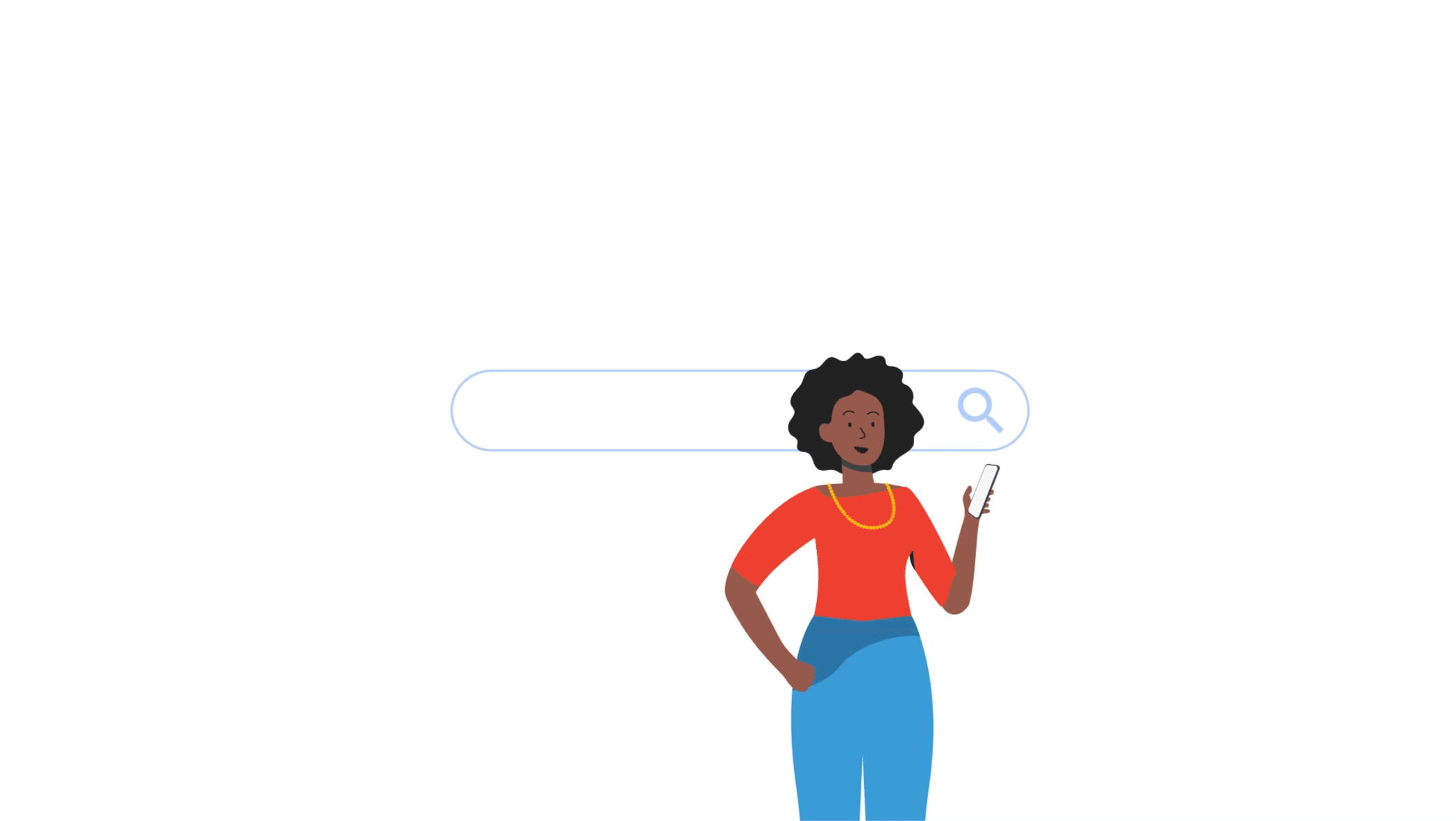 Illustrated gif of a Google search for “Hotels near me” appears above a woman looking at her phone. Panels showing Google products like Google Maps, YouTube and Gmail appear around the search bar.