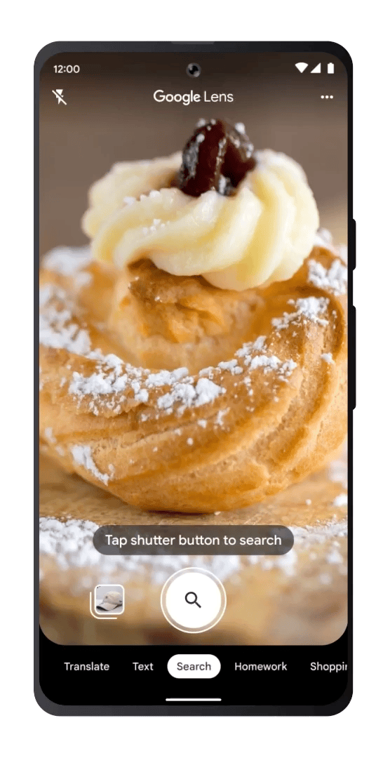 A gif showing how to use multisearch near me in Lens to find local cuisine