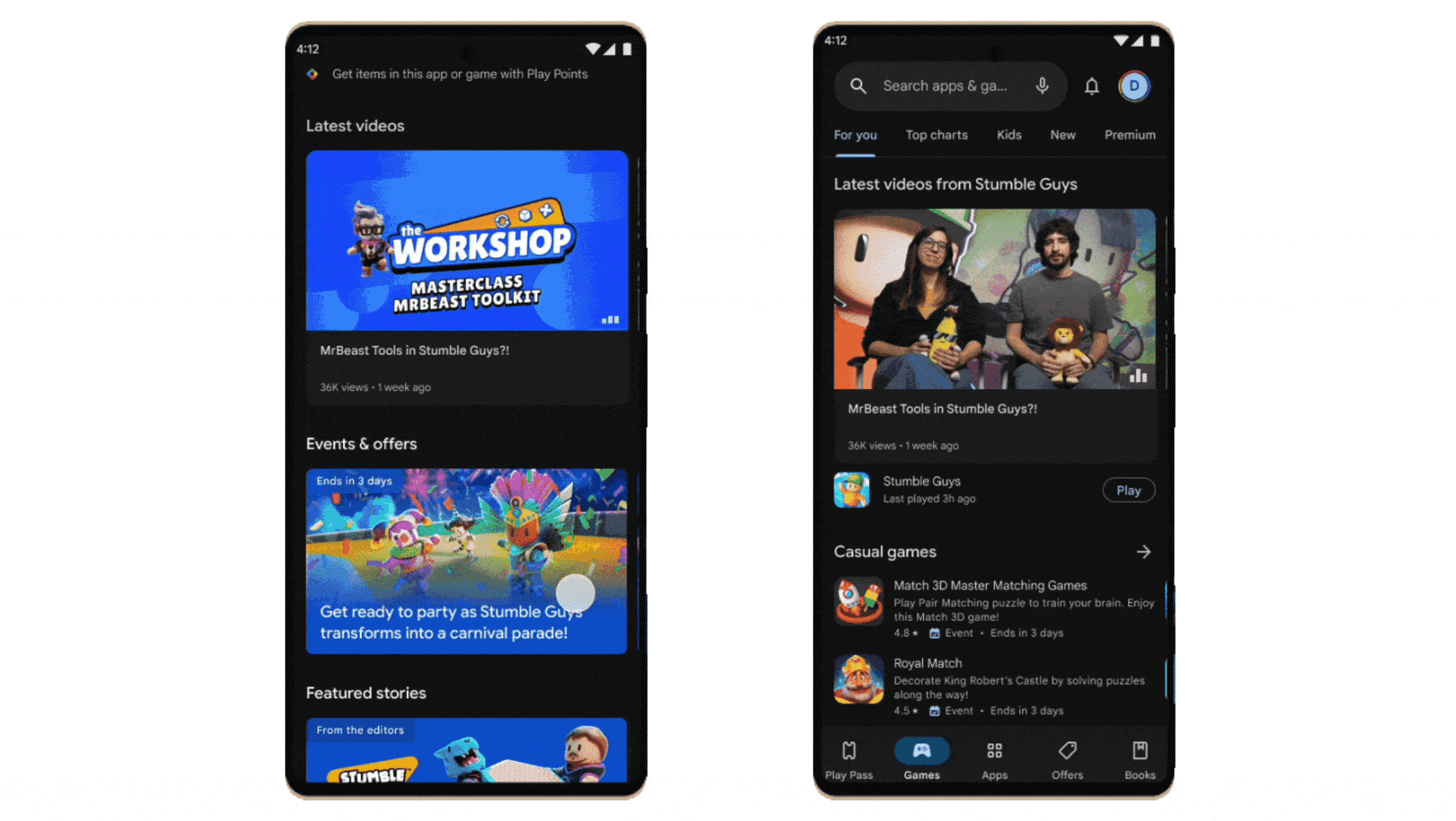 One mobile phone screen shows scrolls through a page showing "Latest videos," "Events & Offers" and FAQs while the second mobile phone screen shows a video playing in the Play Store with the Headline "Latest videos from Stumble Guys"