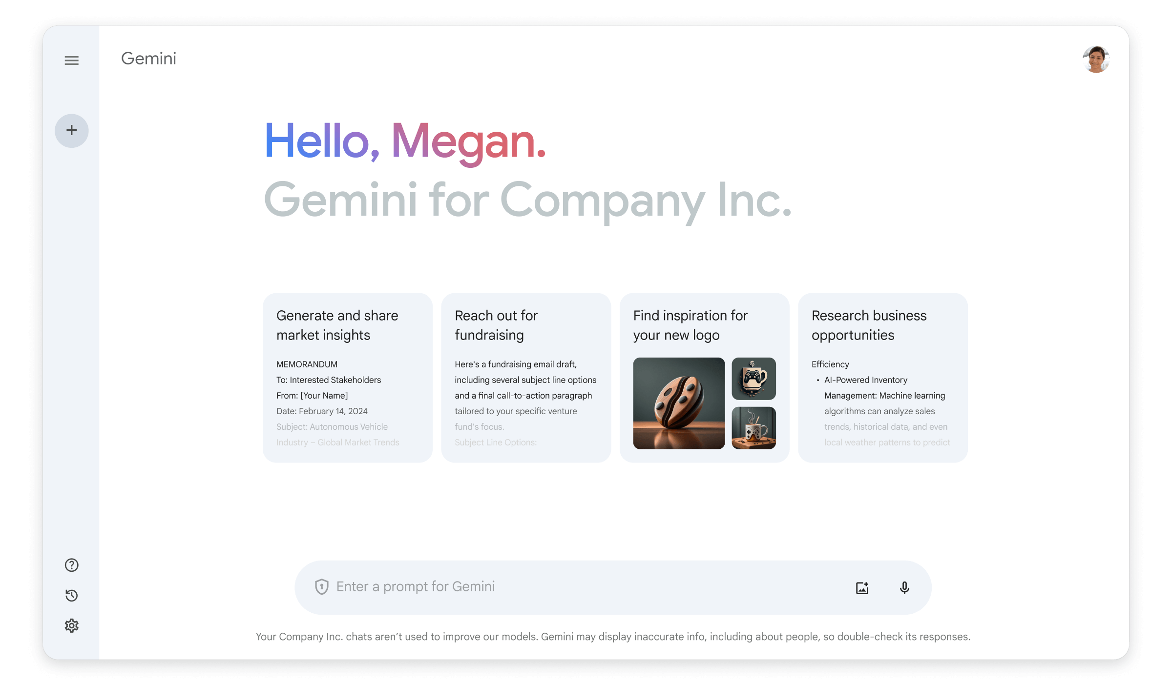 A screen says "Hello, Megan" with "Gemini for Company Inc." underneath and options like "Generate and share market insights" and "Find inspiration for your new logo."