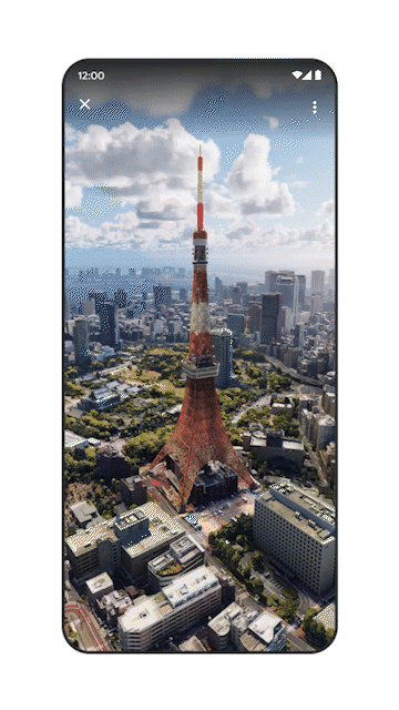 GIF of Google Maps aerial views for the Tokyo Tower, Acropolis, and Empire State Building
