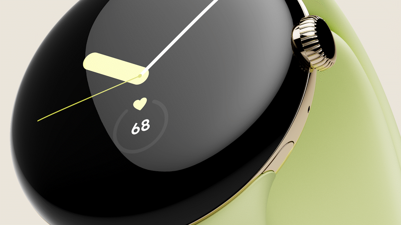 Close up shot of Google Pixel Watch with lemongrass active band displaying the time and heart rate on the watch face.
