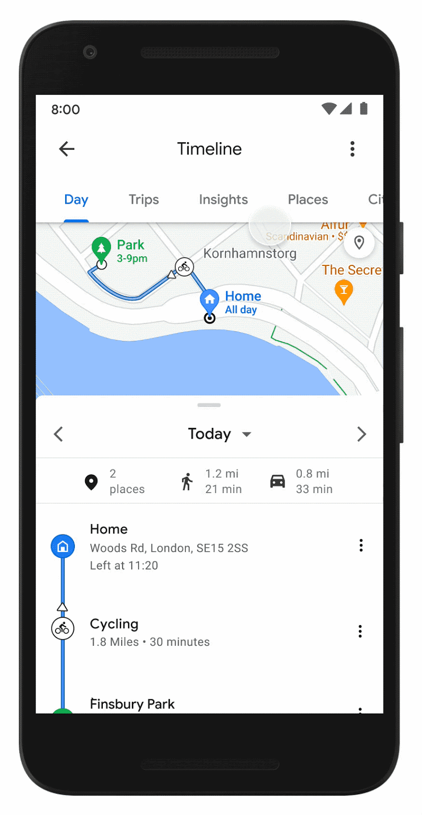 A GIF of Google Maps’ new Timeline Insights feature on a Pixel phone