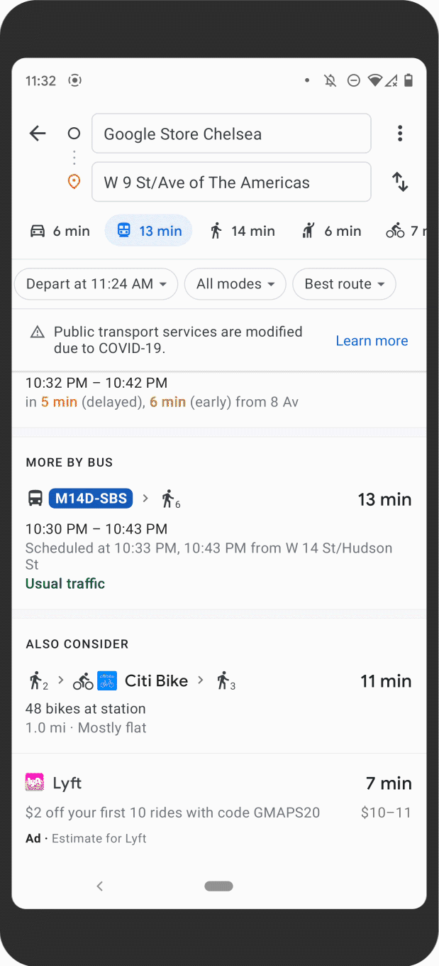 A GIF of transit crowdedness predictions being used on Google Maps in a Pixel phone