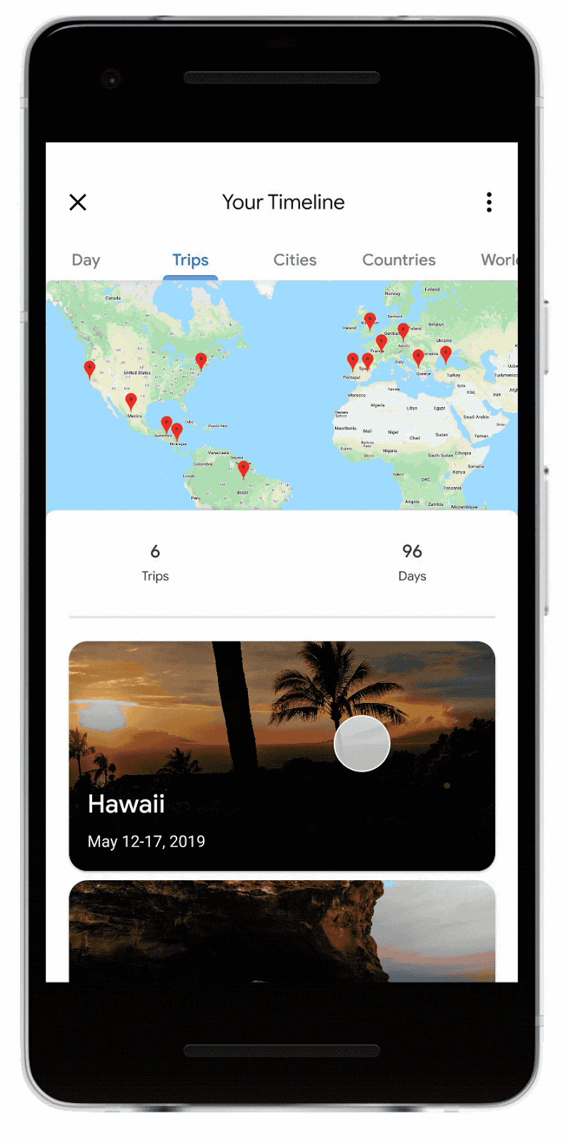 A GIF of Google Maps’ Trips in Timeline feature on a Pixel phone
