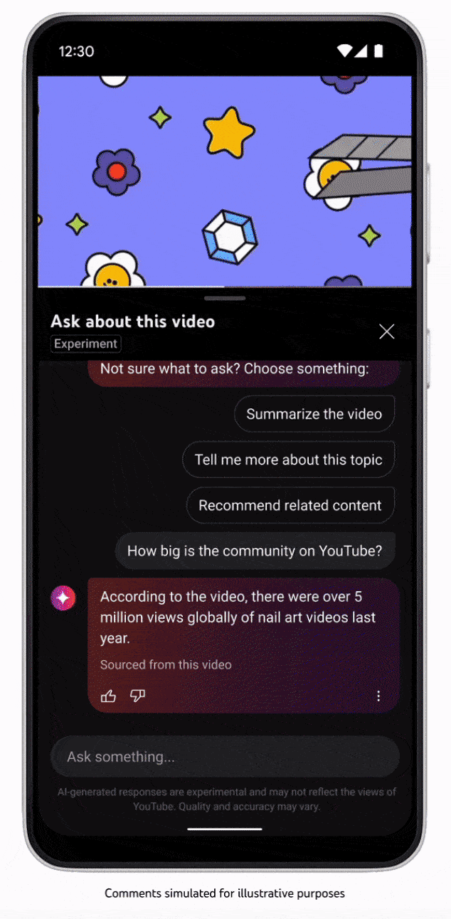 YouTube mobile app showing a YouChat feature where users can speak with an AI to ask questions about a video