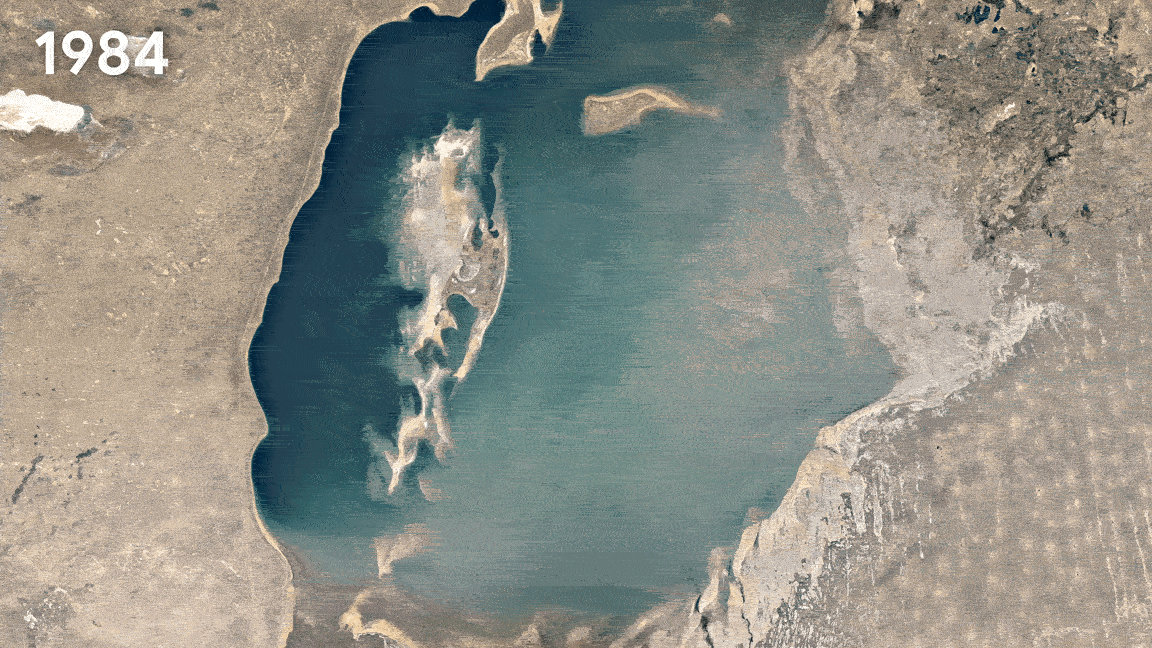 Timelapse of satellite imagery showing the Aral Sea’s surface water shrinking from 1984 to 2020.