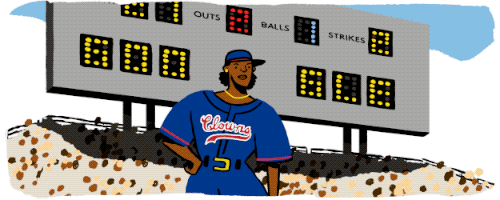 An animated illustration of baseball player, Toni Stone, playing in front of a stadium crowd. She’s wearing a blue, red and white baseball uniform, while catching and throwing a baseball outfield as a male player on the opposite team runs by.