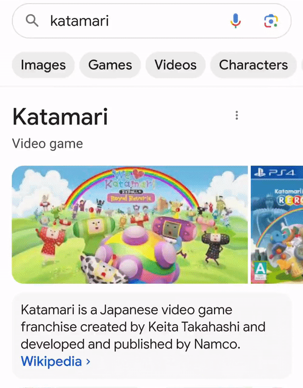A mobile interface of a Google Search for “Katamari”, with a colorful ball rolling across the results