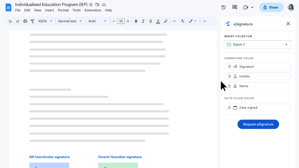 A cursor in a Google Doc selects “request signature” for an Individualized Education Program (IEP), types in two recipient emails and selects “request eSignatures”. A window pops up confirming the request was sent.