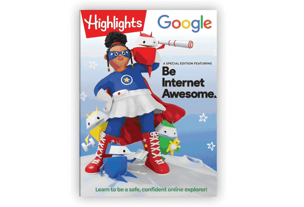 A GIF flipping through a few of the puzzles and stories in Highlights’ Be Internet Awesome magazine.